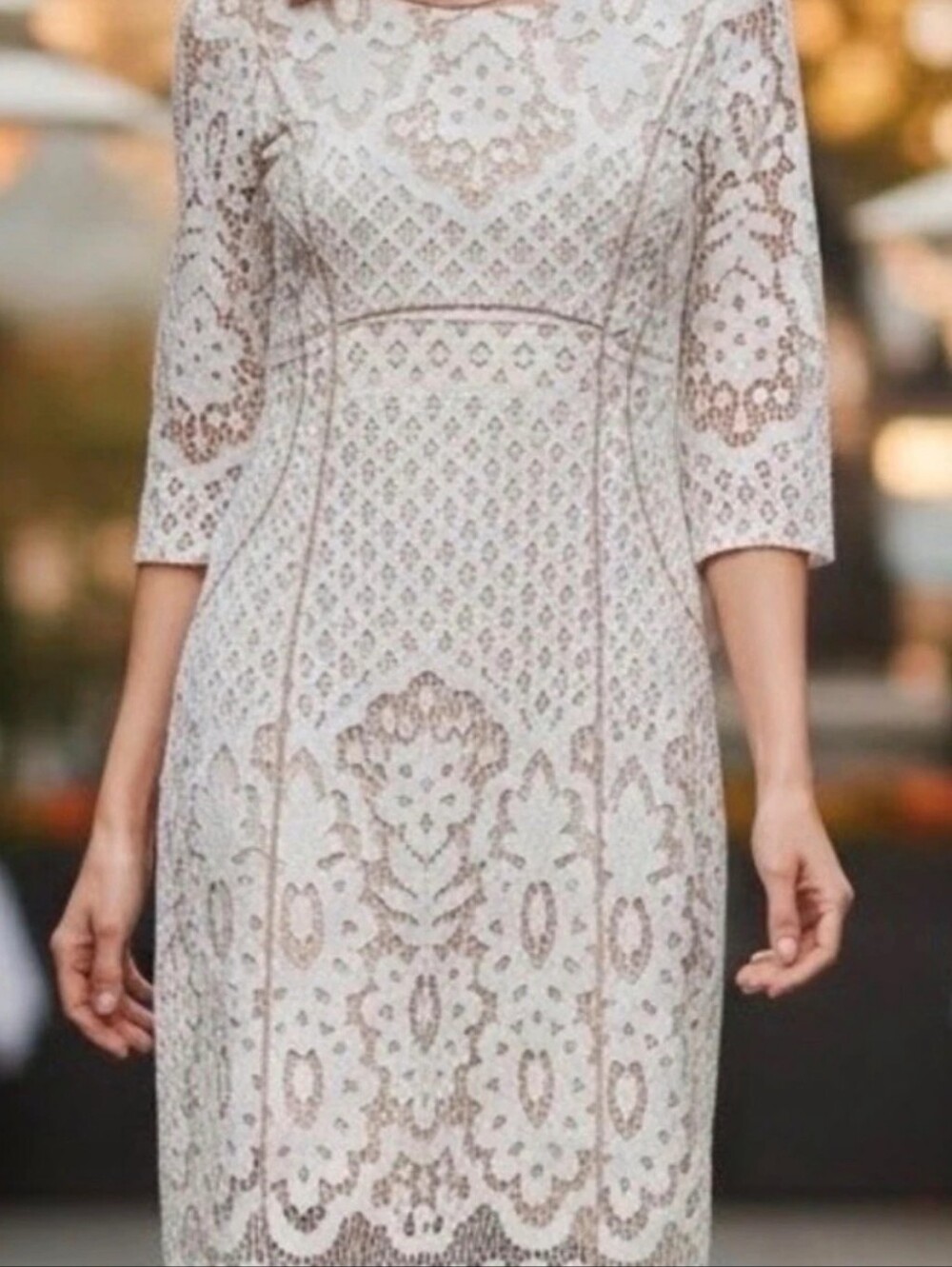 Antonio Melani Sheath Dress Women's Off White Cream Lace Nude Lining 3/4 Sleeve - Picture 1 of 9